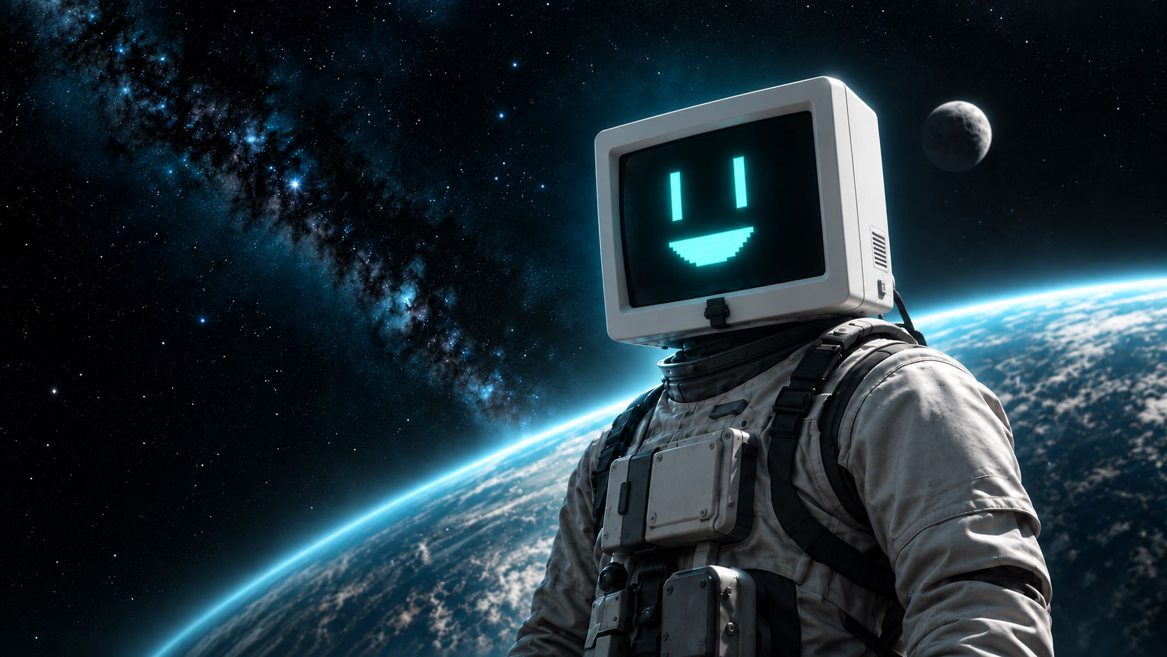 Retro-futuristic screen-headed astronaut floating above Earth
